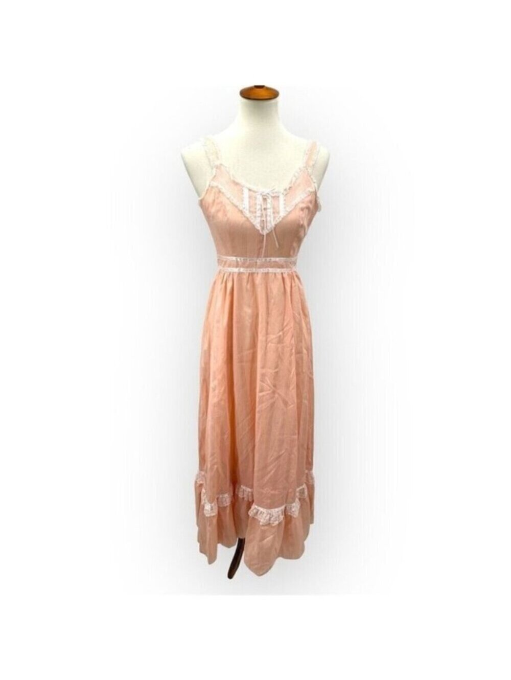 Vintage Gunnel Sax Peach Prairie Maxi Dress M Swiss Dot Lace Trim Ruffled Hem